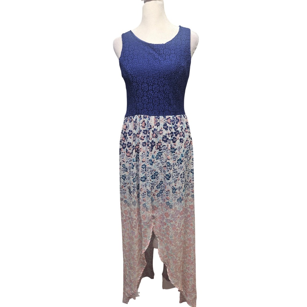 Xhilaration Womens Blue Lace Floral High-Low Maxi Dress Medium Sleeveless Zipper